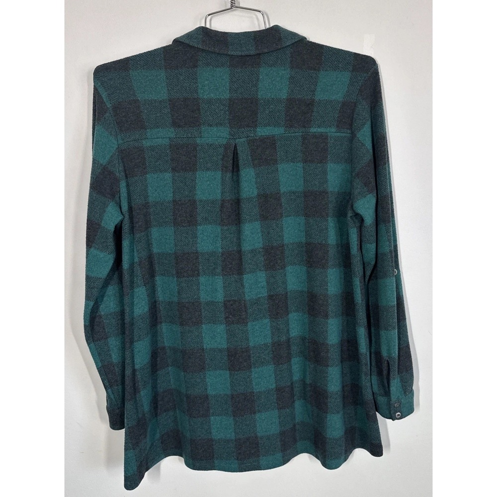 Soft Surroundings Teal Buffalo Check Henley Tunic Top Shirt M Roll Tab Sleeves - Picture 2 of 9